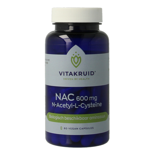 Vitakruid NAC 600mg N-Acetyl-L-Cysteine vegetarian capsules, dietary supplement for amino acids, white capsules in bottle