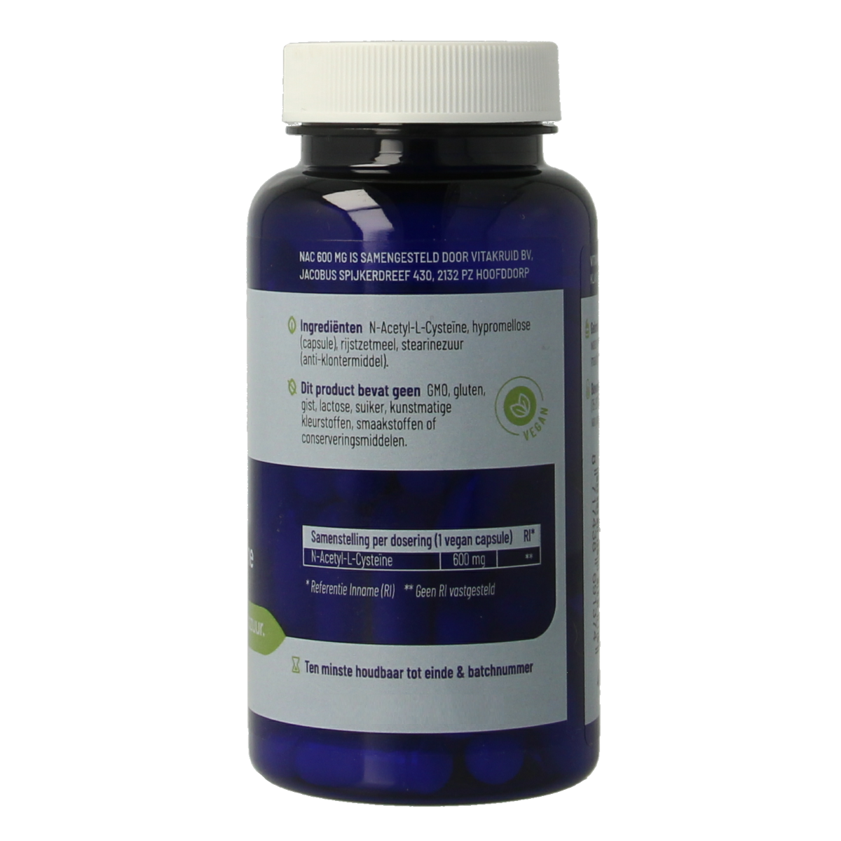 Vegetarian capsules of Vitakruid NAC 600mg N-Acetyl-L-Cysteine dietary supplement in a blister pack