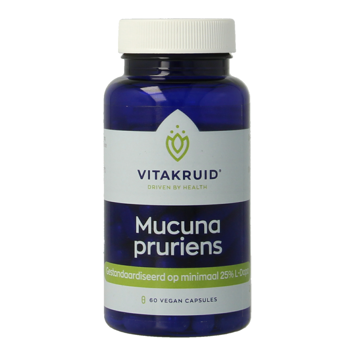 Vegetarian Vitakruid Mucuna pruriens capsules with 400mg and at least 25% L-Dopa, shown in a close-up image.