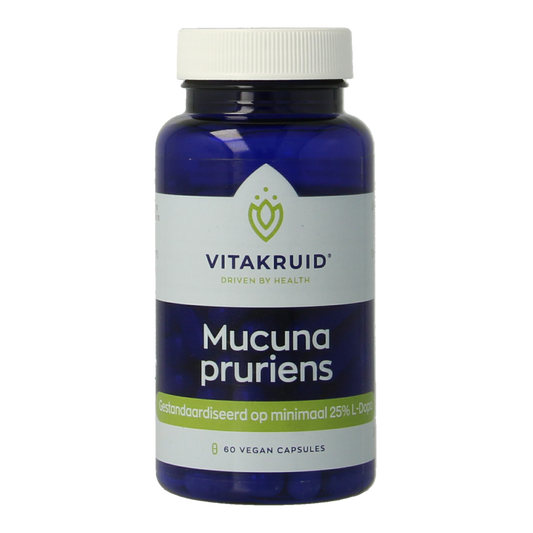 Vegetarian Vitakruid Mucuna pruriens capsules with 400mg and at least 25% L-Dopa, shown in a close-up image.