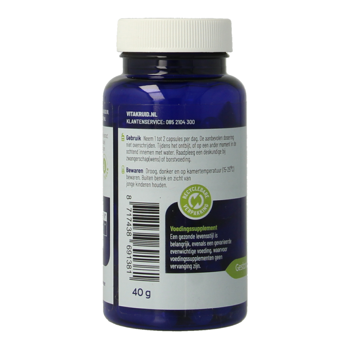 Vitakruid Mucuna pruriens vegetarian capsules with 400mg and 25% L-Dopa, shown in a close-up of the supplement bottle.