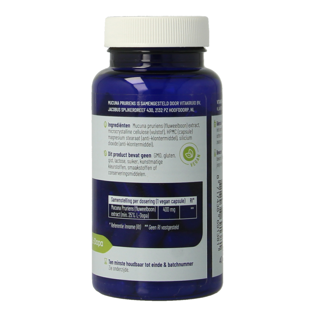 Vegetarian Vitakruid Mucuna pruriens capsules with 400mg and at least 25% L-Dopa, herbal supplement in a jar.