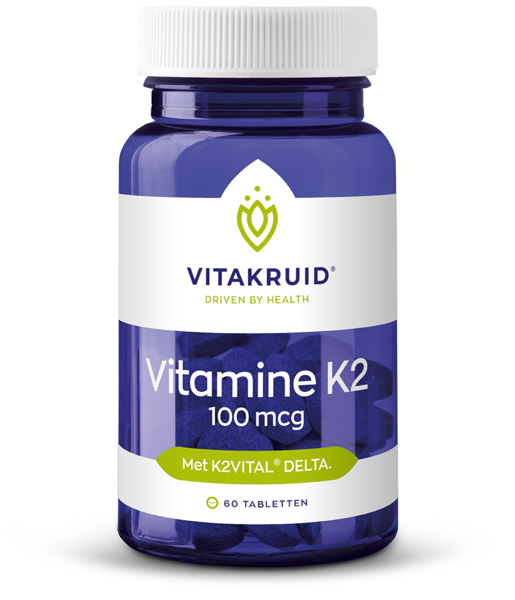 Bottle of Vitakruid Vitamin K2 100 mcg K2VITAL DELTA tablets with label visible, featuring 60 tablets in the container.