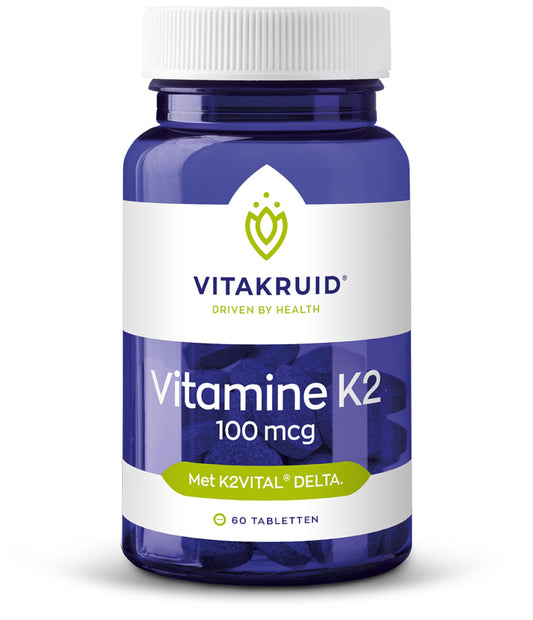 Bottle of Vitakruid Vitamin K2 100 mcg K2VITAL DELTA tablets with label visible, featuring 60 tablets in the container.