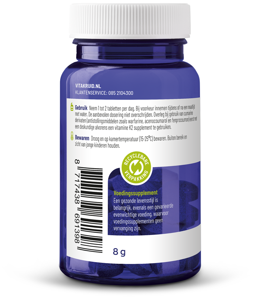 Vitakruid K2VITAL DELTA Vitamin K2 100 mcg tablets, close-up of the bottle and tablets on a white background.