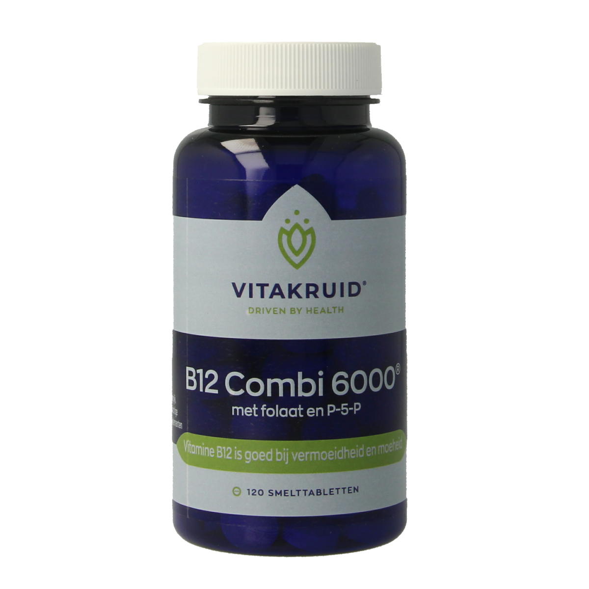 Vitakruid B12 Combi 6,000 with active folate, multivitamin smelttabletten showing colorful tablets in blister pack.