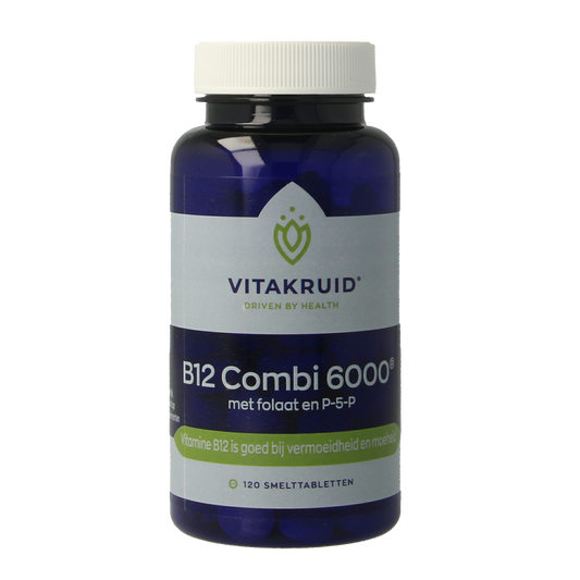 Vitakruid B12 Combi 6,000 with active folate, multivitamin smelttabletten showing colorful tablets in blister pack.