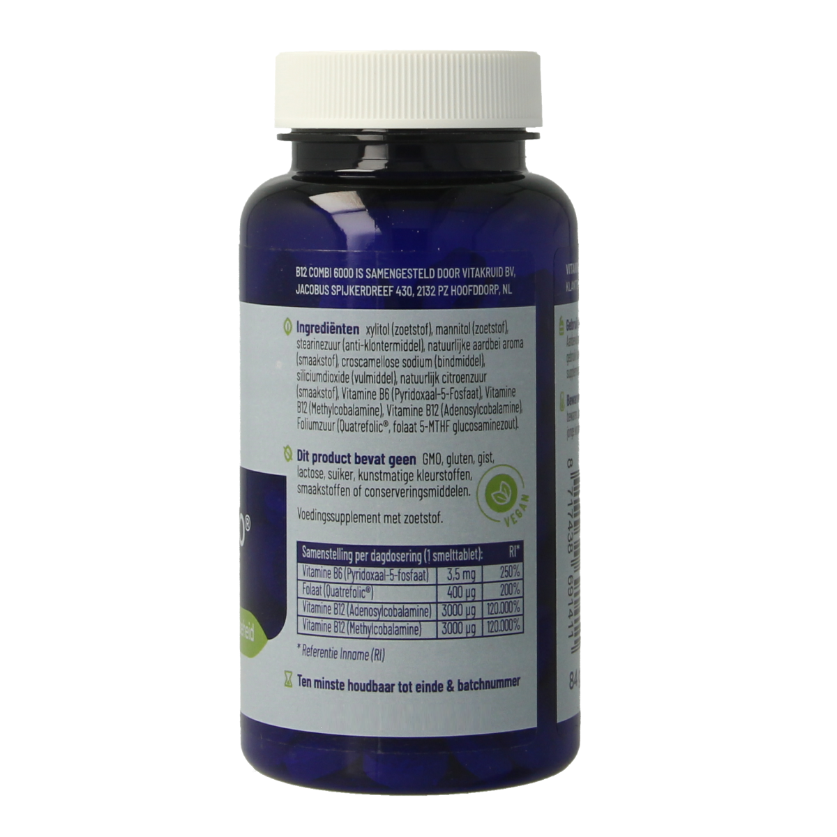 Vitakruid B12 Combi 6,000 with active folate multivitamin smelttabletten in blister pack, showing 120 tablets.