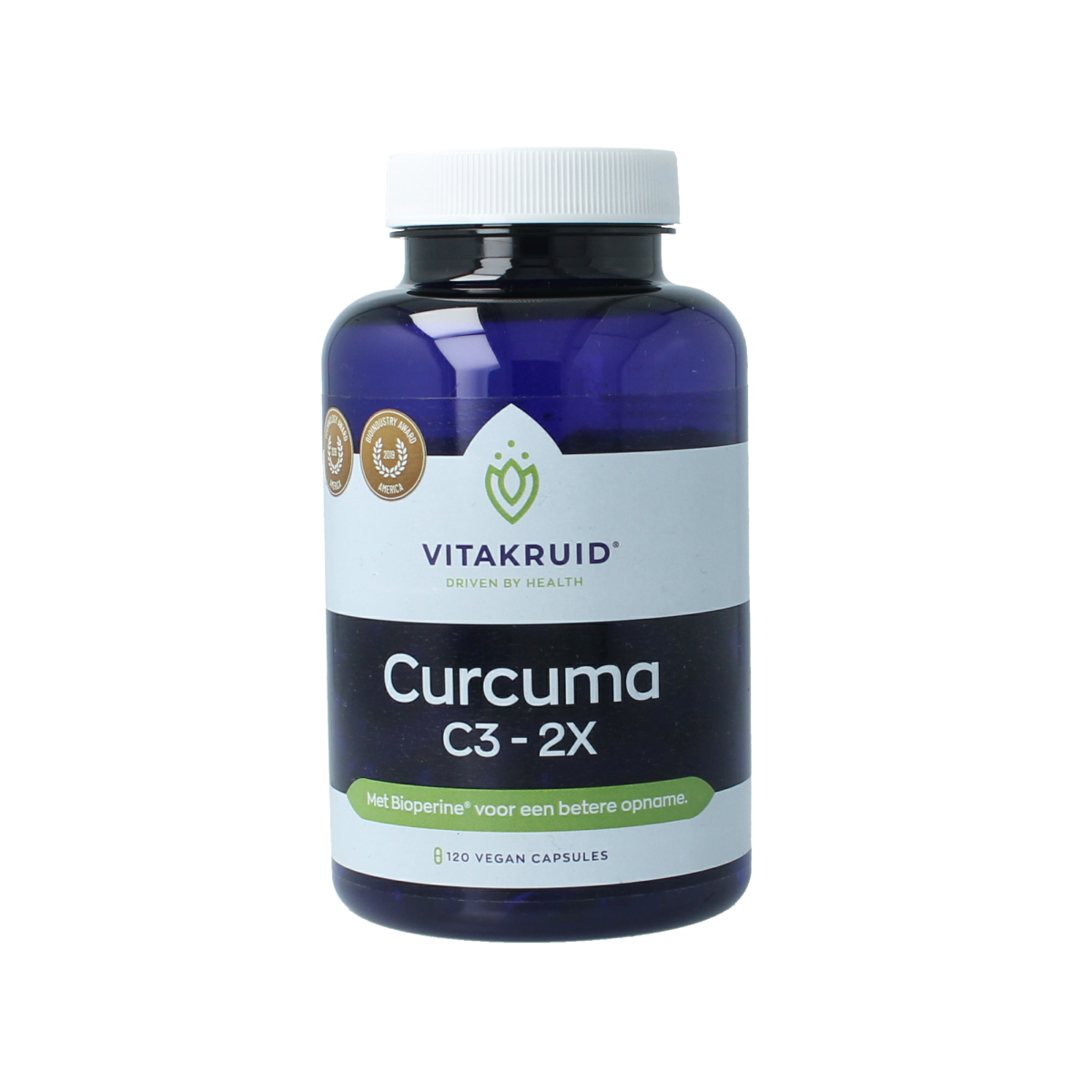 Vitakruid Curcuma C3-2X vegetarian capsules with 95% curcuminoids and Bioperine, herbal supplement product image.