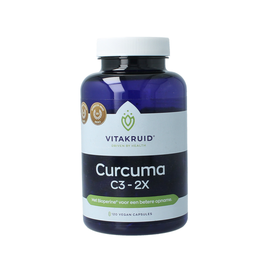 Vitakruid Curcuma C3-2X vegetarian capsules with 95% curcuminoids and Bioperine, herbal supplement product image.