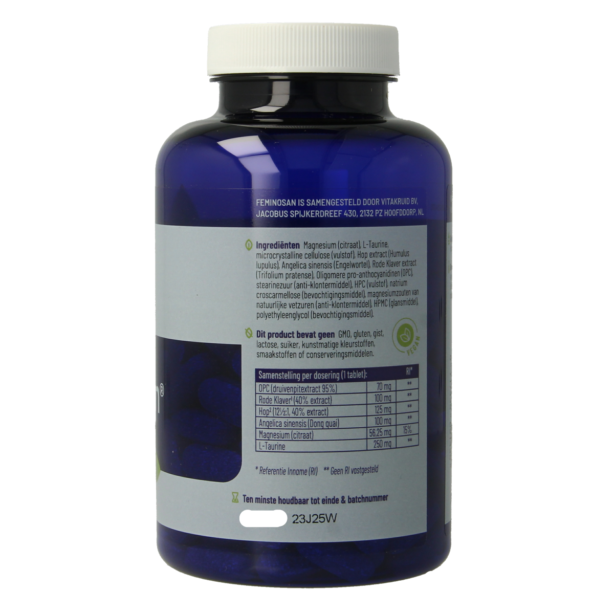 Vitakruid Feminosan Overgang complex tabletten with Rode klaver and Hop, herbal supplement for women's health.