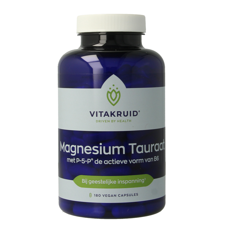 Vegetarian capsules of Vitakruid Magnesium Tauraat with Vitamin B6 (P-5-P) in a clear container, showing the supplement capsules.