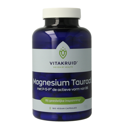 Vegetarian capsules of Vitakruid Magnesium Tauraat with Vitamin B6 (P-5-P) in a clear container, showing the supplement capsules.