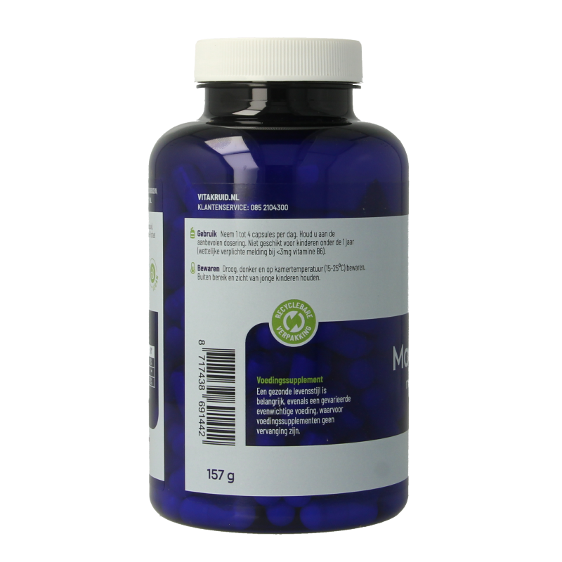 Vegetarische capsules van Vitakruid Magnesium Tauraat met vitamine B6 (P-5-P) in een pot, kruidenpreparaat voor spier- en zenuwfunctie