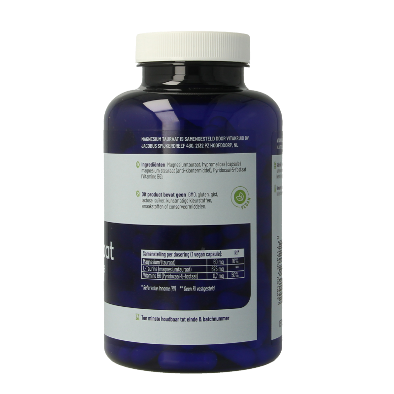 Bottle of Vitakruid Magnesium Tauraat with Vitamin B6 vegetarian capsules, herbal supplement in a white bottle with label.