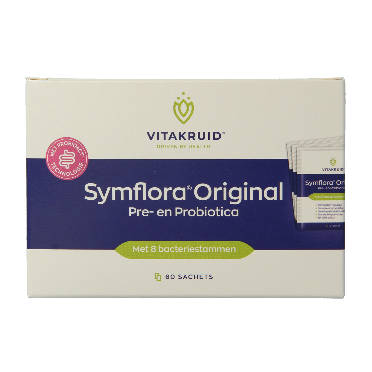 Vitakruid Symflora Original probiotic sachets with 8 strains of micro-organisms for gut health, shown in the image.