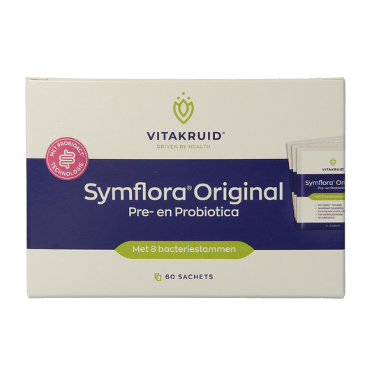 Vitakruid Symflora Original probiotic sachets with 8 strains of micro-organisms for gut health, shown in the image.
