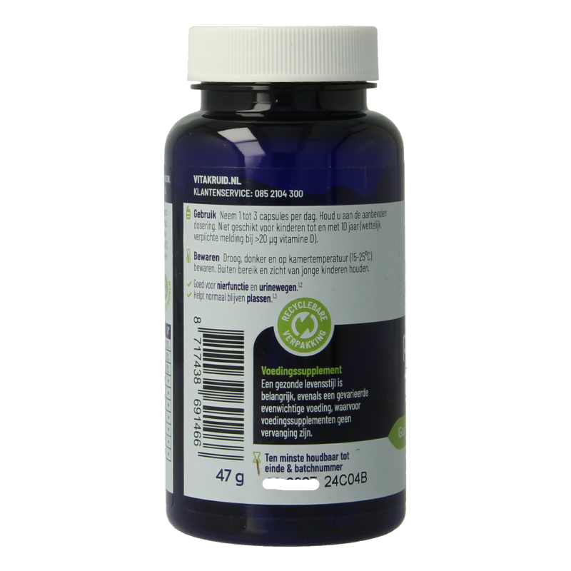 VitaKruid Prostaatformule herbal capsules with Zaagpalm, Brandnetel, and Zink in a bottle, for prostate health support.