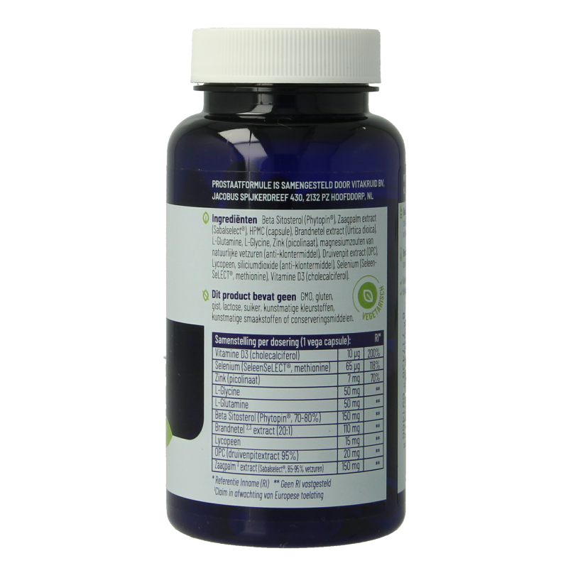 Vitakruid Prostaatformule vegetarian capsules with Zaagpalm, Brandnetel, and Zink, shown in a bottle with capsules.