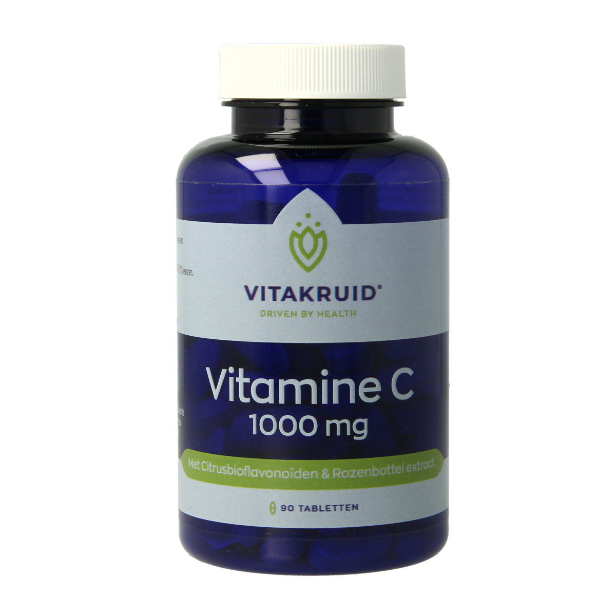 Bottle of Vitakruid Vitamin C 1000 with bioflavonoids and rosehip tablets, featuring 90 tablets in a clear container.