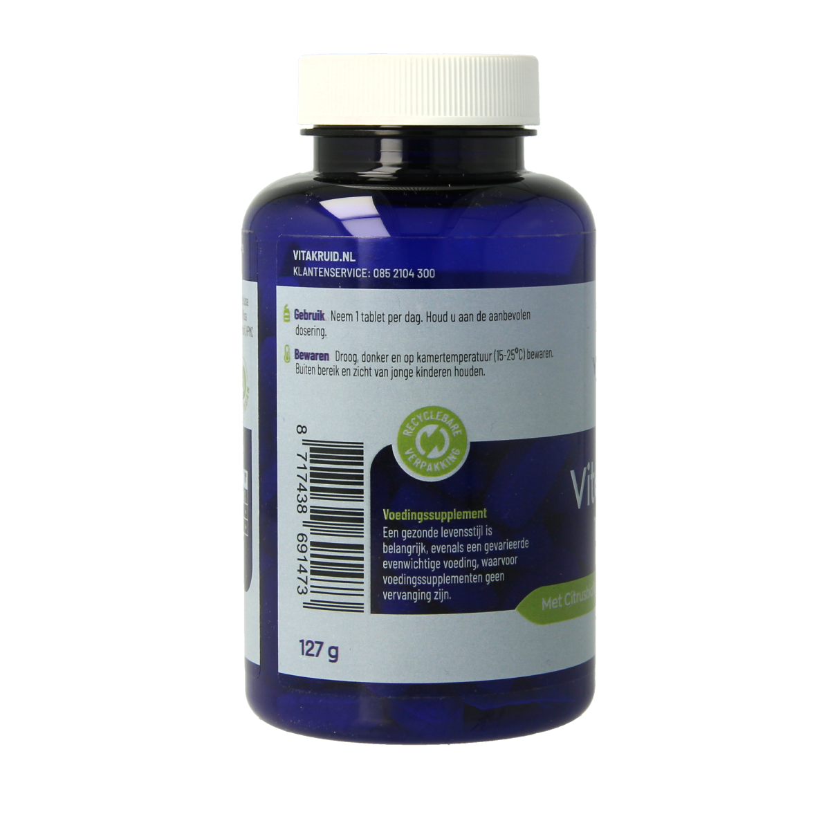Vitakruid Vitamine C 1000 with bioflavonoids and rosehip in a bottle of 90 tablets, showing tablets and packaging.