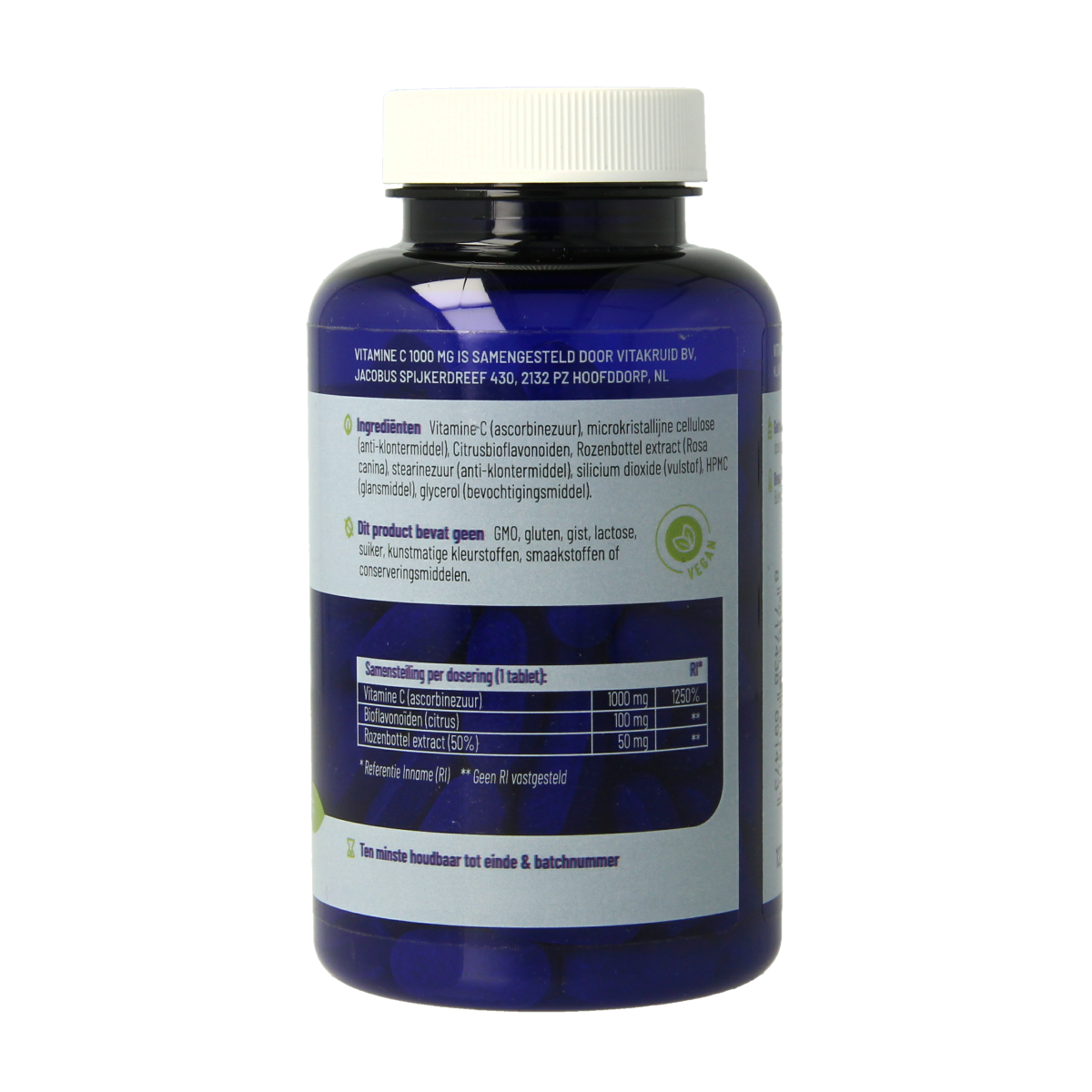 Vitamin C 1000mg tablets with bioflavonoids and rosehip by Vitakruid, showing a bottle of supplement tablets.
