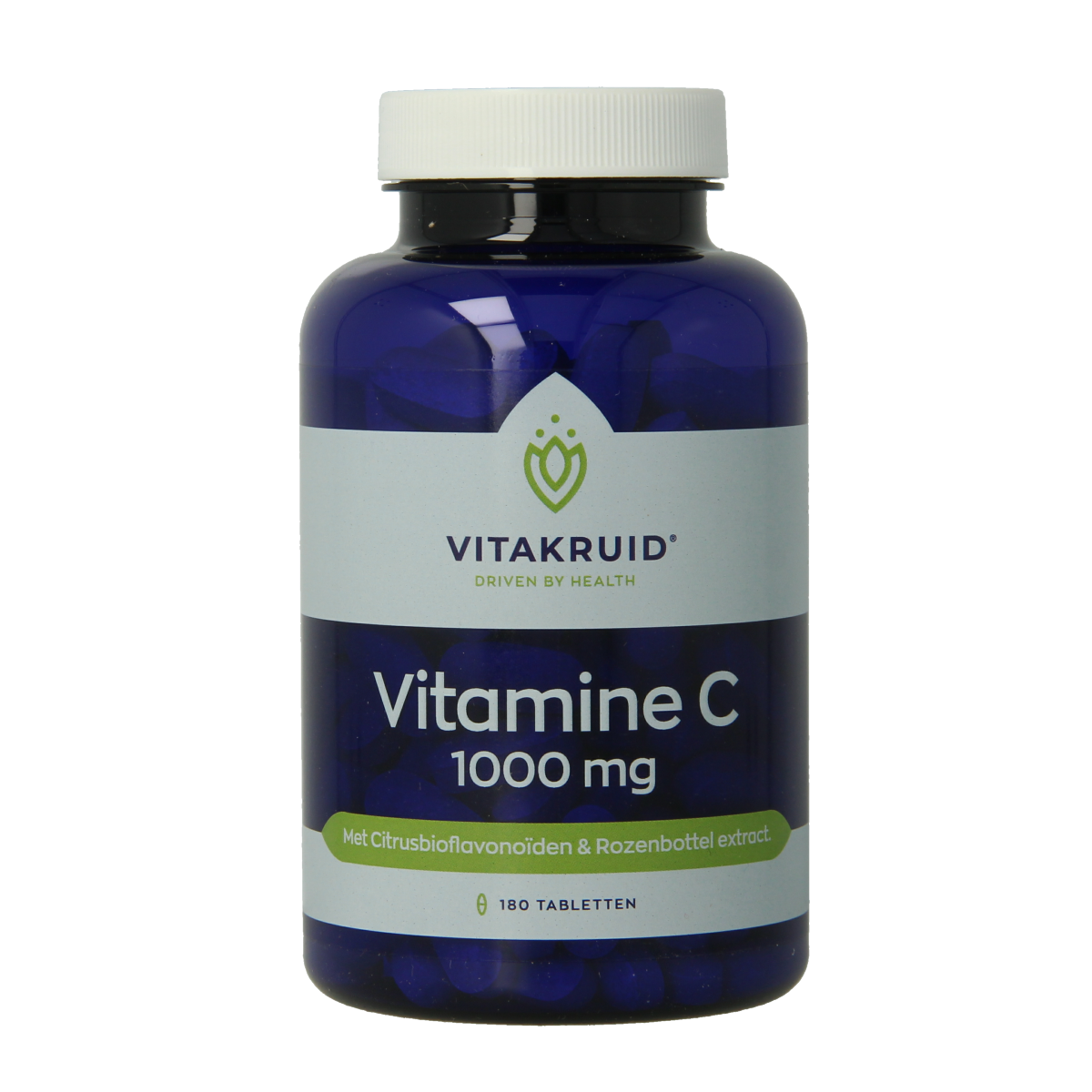 Vitakruid Vitamine C 1000 with bioflavonoids and rosehip tablets, showing a bottle of dietary supplement tablets.