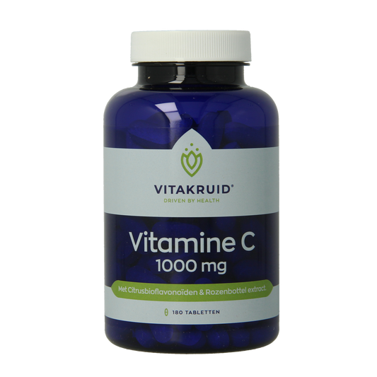 Vitakruid Vitamine C 1000 with bioflavonoids and rosehip tablets, showing a bottle of dietary supplement tablets.