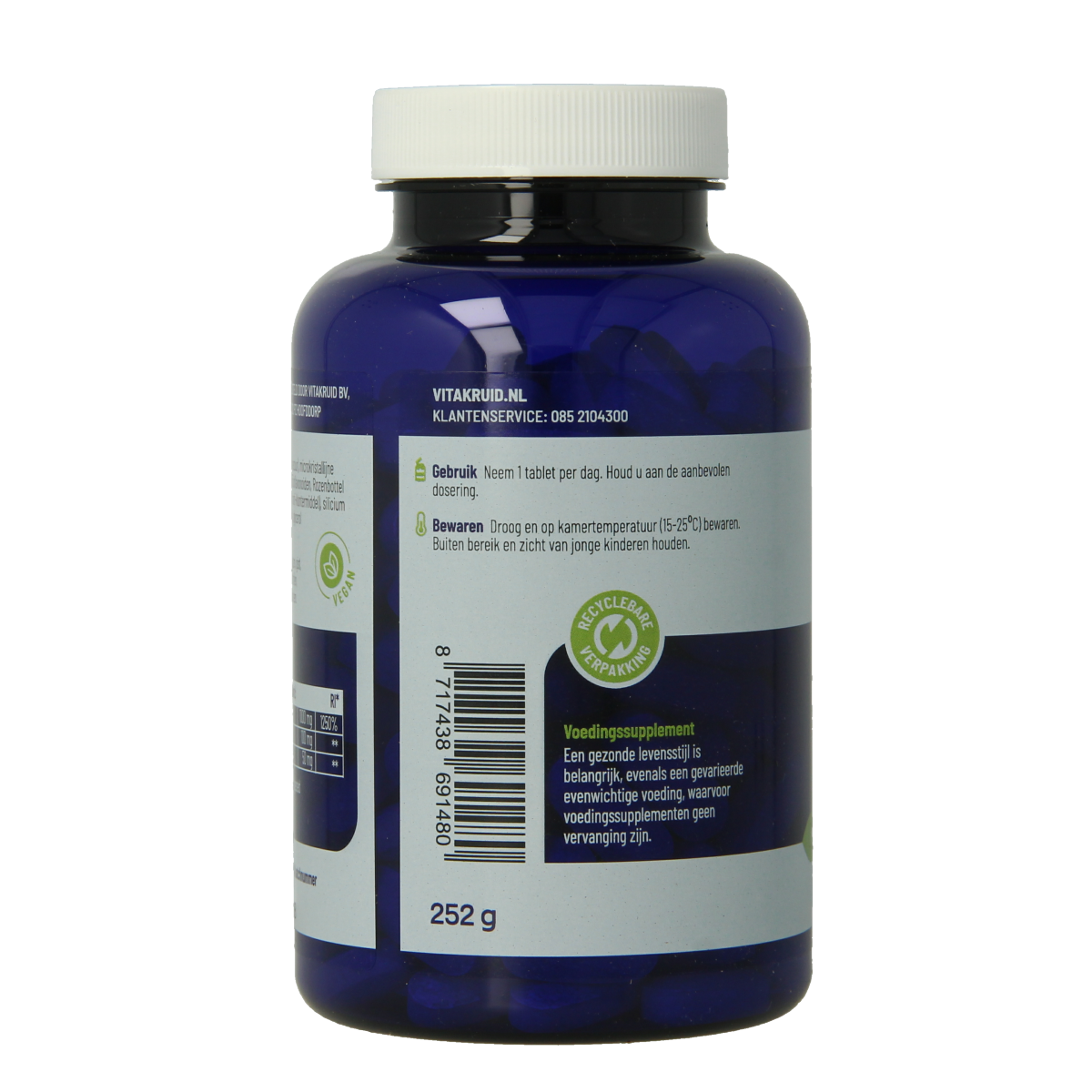 Vitakruid Vitamine C 1000 with bioflavonoids and rosehip, 180 tablets, close-up of the supplement bottle and tablets.