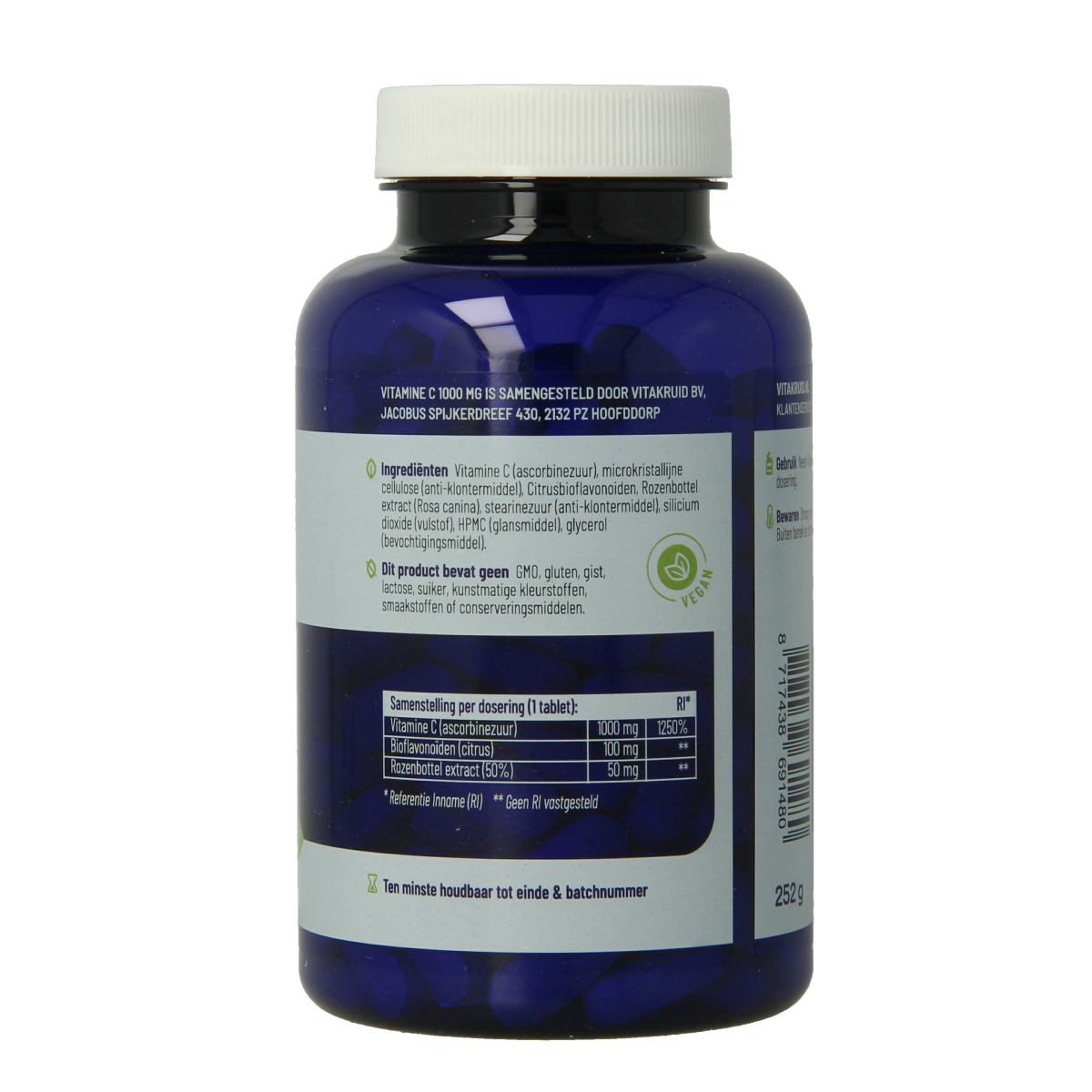Vitakruid Vitamin C 1000 mg with bioflavonoids and rosehip in bottle, containing 180 tablets for immune support