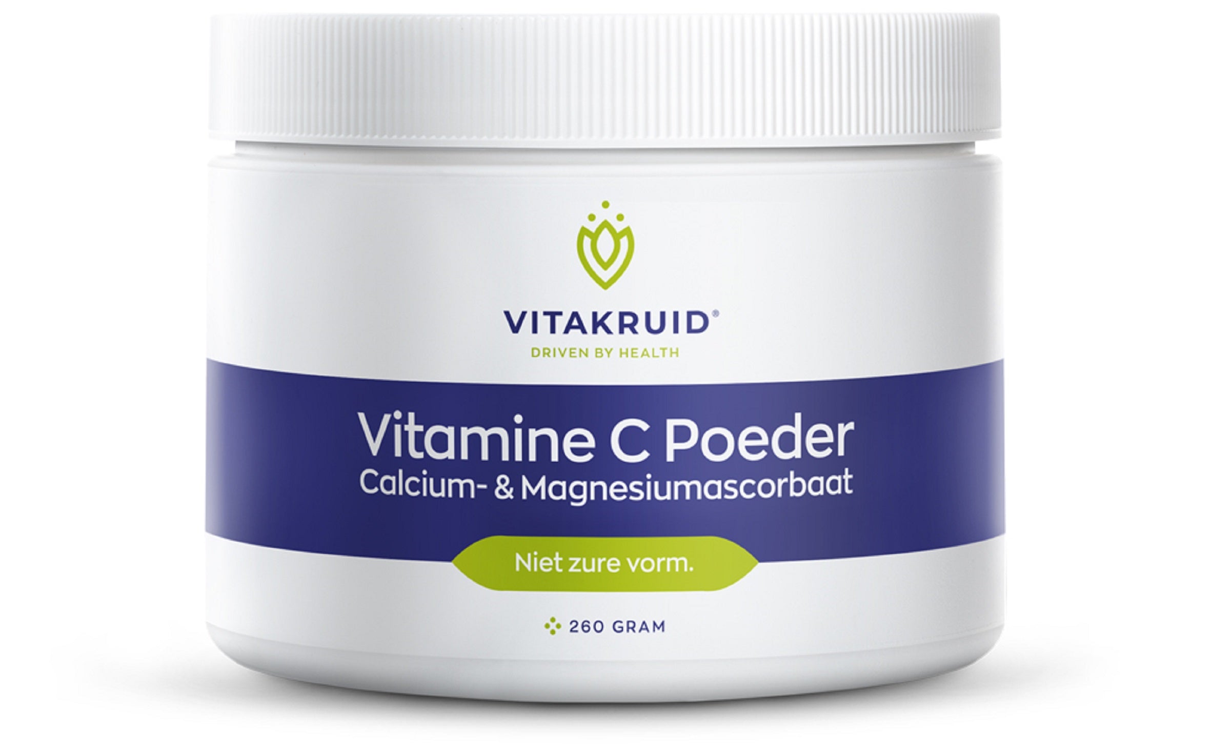 Vitakruid Vitamin C powder with calcium and magnesium ascorbate in a 260g container, showing the supplement powder inside.