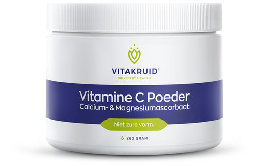 Vitakruid Vitamin C powder with calcium and magnesium ascorbate in a 260g container, showing the supplement powder inside.