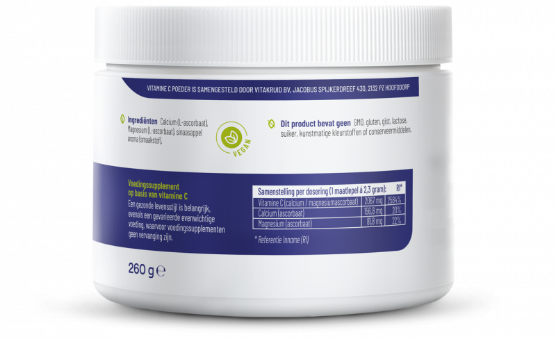 Bottle of Vitakruid Vitamin C powder with calcium and magnesium ascorbates, 260 grams, in a clear container with a white lid.