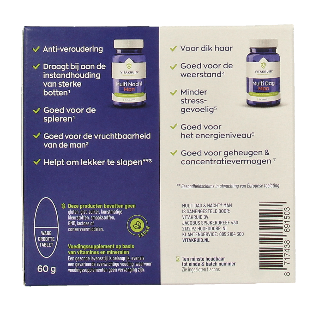 Vitakruid Multi Dag & Nacht Man vegan multivitamin tablets, 2 x 30 softgels, dietary supplement for daily health support