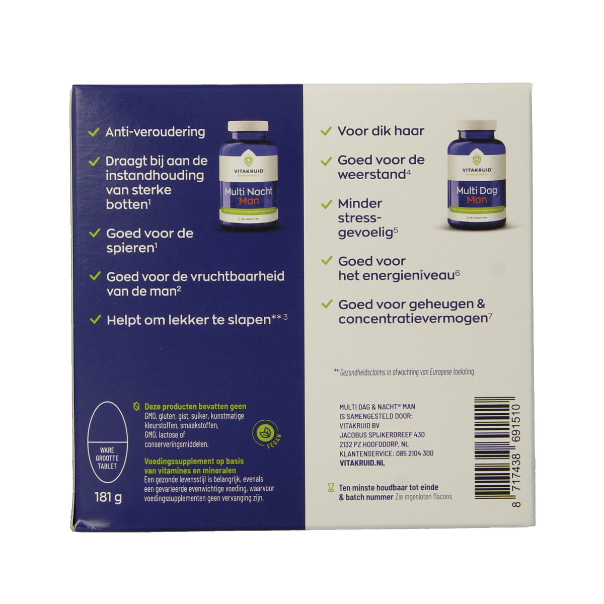 VitaKruid Multi Dag & Nacht Man 100% vegan multivitamin tablets, showing two bottles with 90 tablets each for daily health support