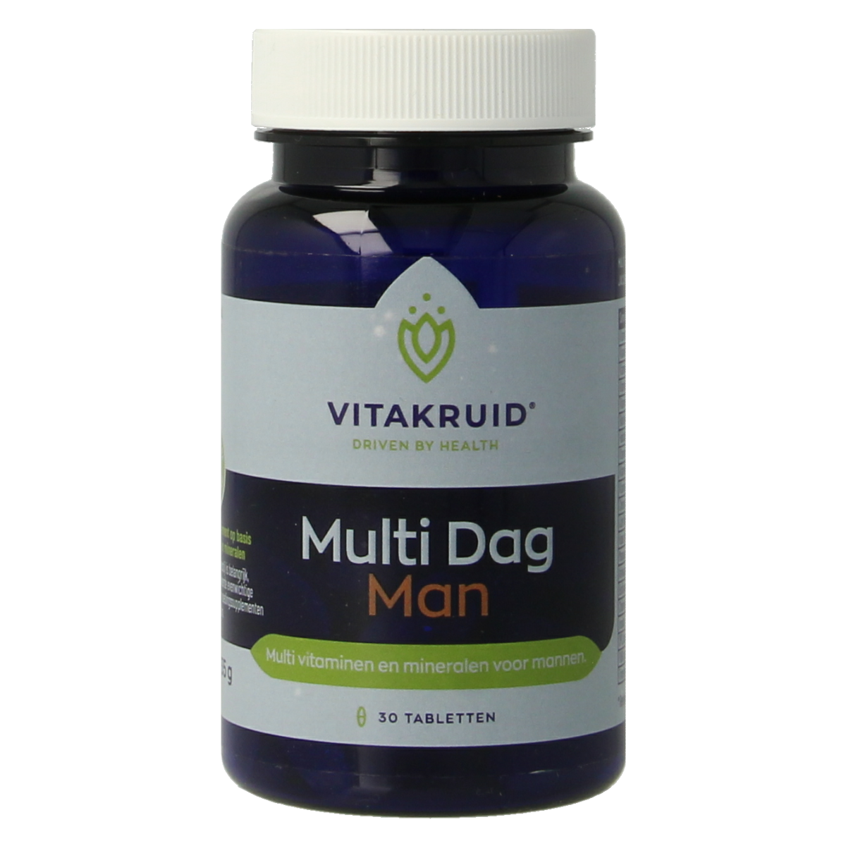 Vitatruid Multi Dag Man 100% vegan multivitamin tablets, showing a close-up of the 30-tablet bottle with label.