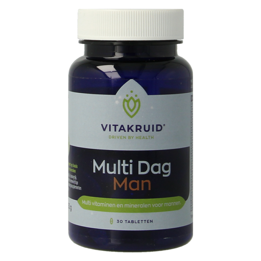 Vitatruid Multi Dag Man 100% vegan multivitamin tablets, showing a close-up of the 30-tablet bottle with label.