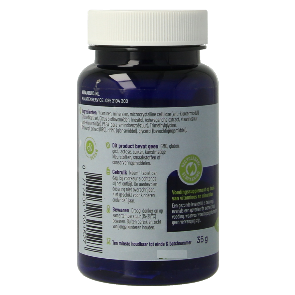 Vitamins Multi for men by Vitakruid, 30 vegan tablets, showing the supplement bottle with label and tablets inside.