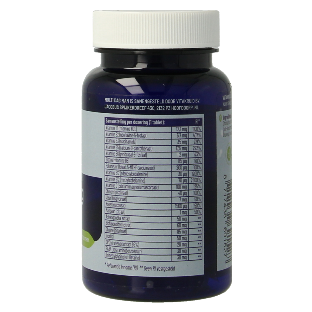 VitaKruid Multi Dag Man 100% vegan multivitamin tablets, dietary supplement for men's daily health support.