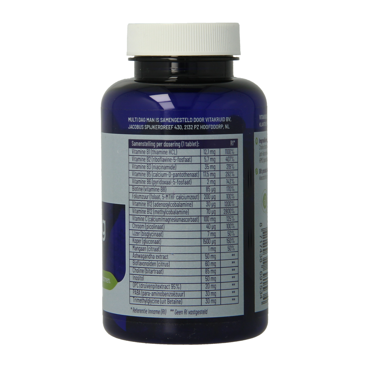 Vitakruid Multi Dag Man 100% vegan multivitamin tablets, showing a bottle with 90 tablets for men's daily supplement.