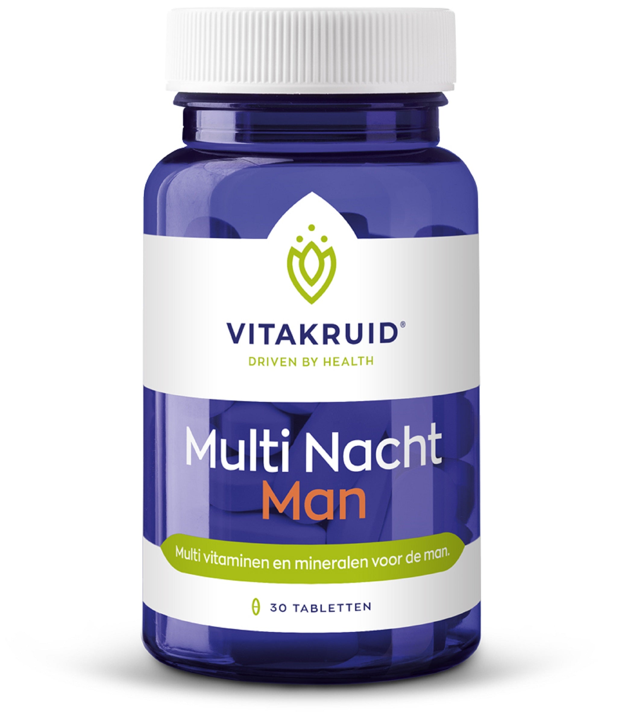 Vitamineriche Vitakruid Multi Nacht Man vegan supplement in a bottle with 30 tablets on a white background.