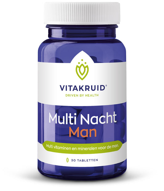 Vitamineriche Vitakruid Multi Nacht Man vegan supplement in a bottle with 30 tablets on a white background.