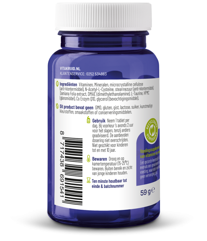 VitaKruid Multi Nacht Man vegan multivitamin tablets, 30 count, showing the supplement bottles and tablets inside.