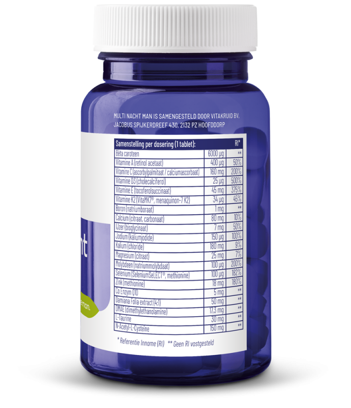 Vitamins Multi Nacht Man by Vitakruid, 30 vegan tablets, showing the supplement bottle with tablets inside.