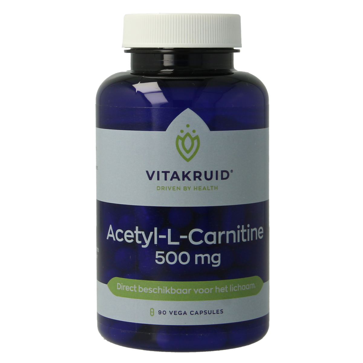 Vitakruid Acetyl-L-Carnitine 500mg vegetarian capsules, dietary supplement containing amino acids, shown in bottle.