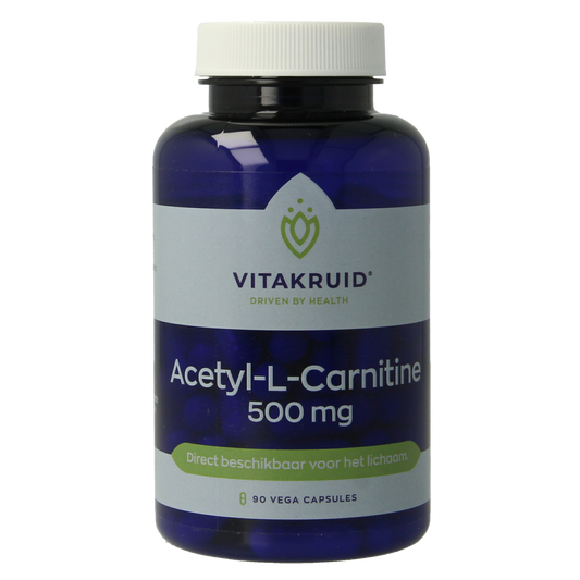 Vitakruid Acetyl-L-Carnitine 500mg vegetarian capsules, dietary supplement containing amino acids, shown in bottle.
