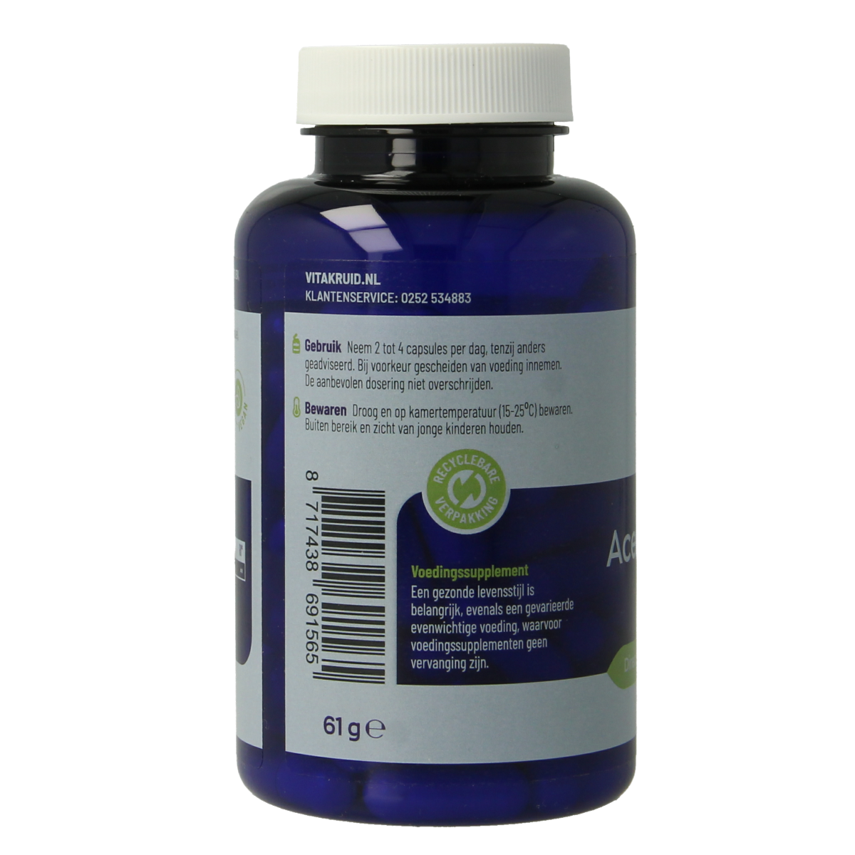 Vitakruid Acetyl-L-Carnitine 500mg vegetarian capsules, amino acids supplement, shown in the image.