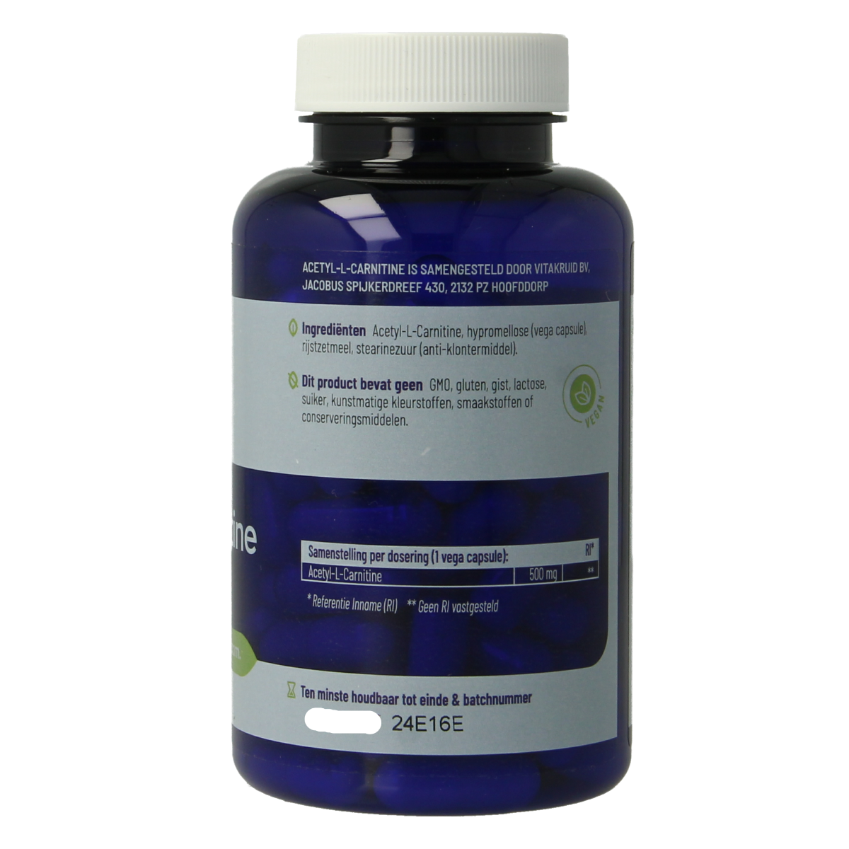 Vegetarische capsules van Vitakruid Acetyl-L-Carnitine 500mg, amozuur supplement, in een heldere pot met capsules.