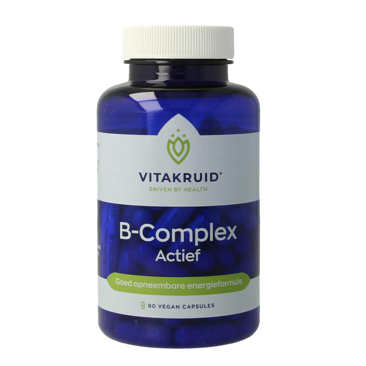 Vegetarian Vitakruid B-Complex Actief with L-Taurine capsules, colorful vitamin supplement bottles for energy support.
