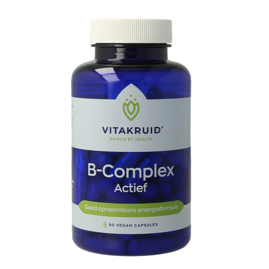 Vegetarian Vitakruid B-Complex Actief with L-Taurine capsules, colorful vitamin supplement bottles for energy support.